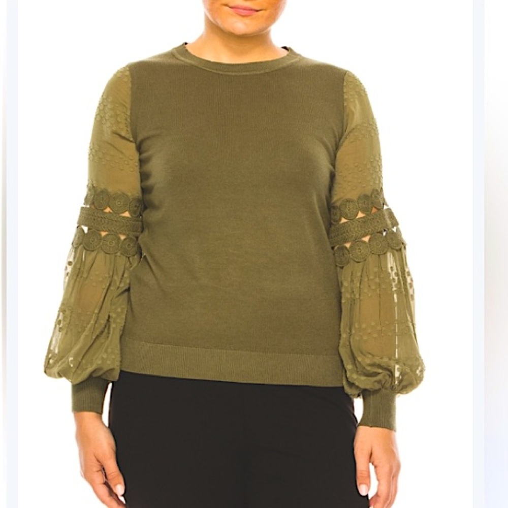 Sioni Milano womens  size 3X olive sheer lace puffed sleeves sweater NWT